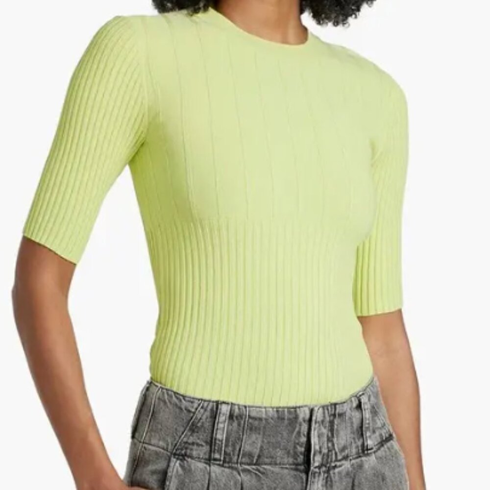 FRAME Ribbed-Knit Top with Pointelle Trims | Chartreuse | XS
